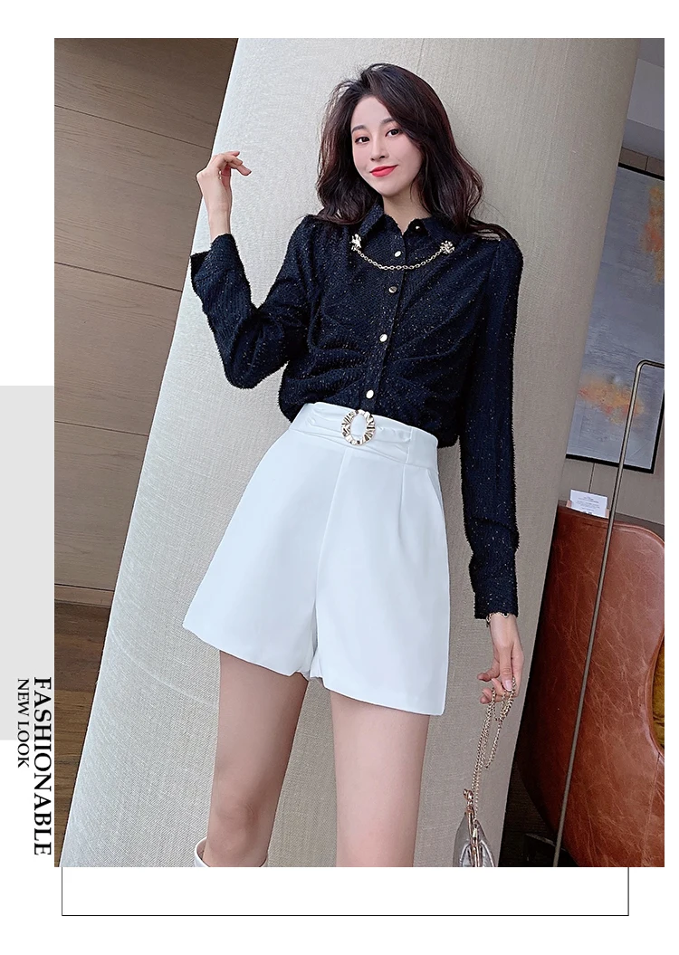 

Fashion Women 2021 Summer Loose Wide Leg Shorts Elegant Female Solid White Casual High Waist Office Ladies Suit Short Pants Q14