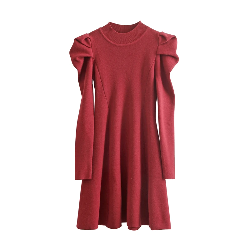 

JXMYY 2020 autumn and winter fashion new Korean women's solid color long-sleeved slim puff sleeve knitted dress