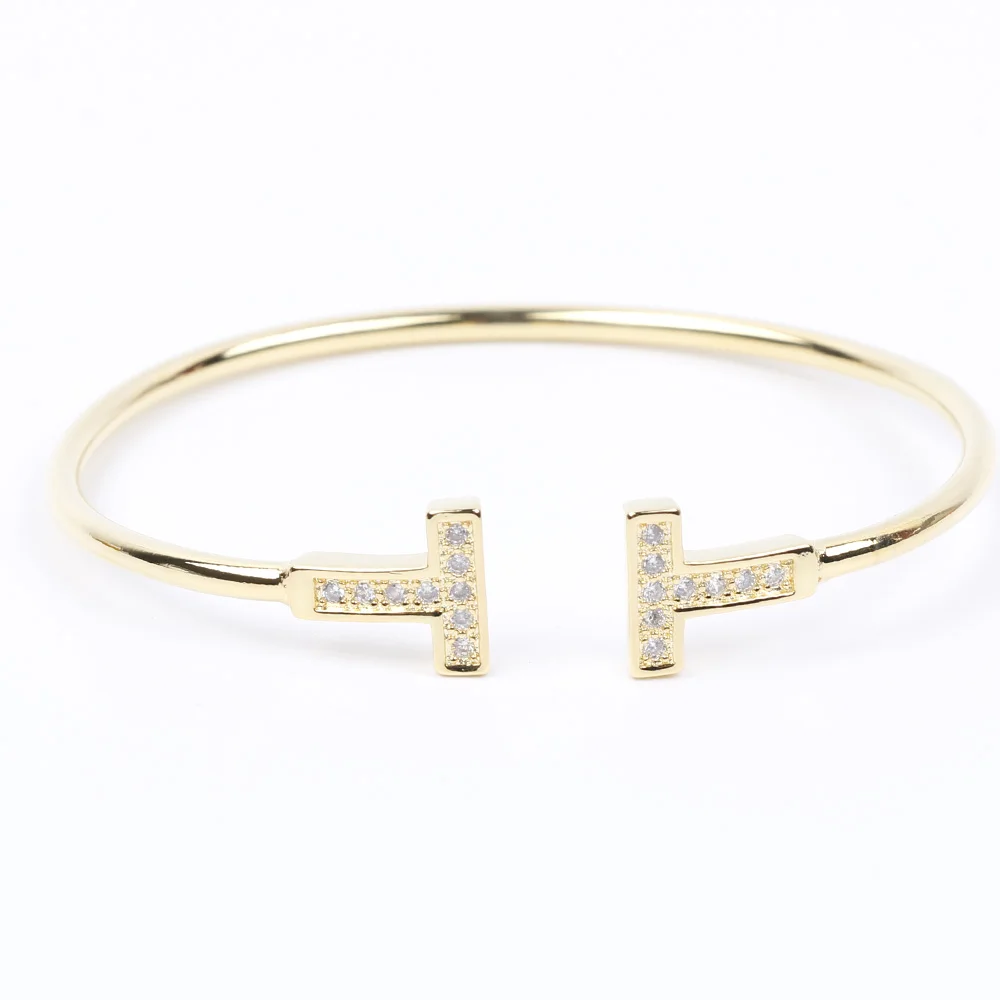 

Gold Plated Women Chic Double T Letter Open Cuff Bangle Bracelet Xmas Jewelry Gift
