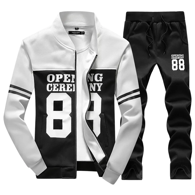 Black White Спортивные костюмы мужские наборы Мода Осень Зима Модный повседневный комплект из 2 предметов куртка+ спортивные штаны мужской спортивный костюм Одежда для бега - Цвет: Black White