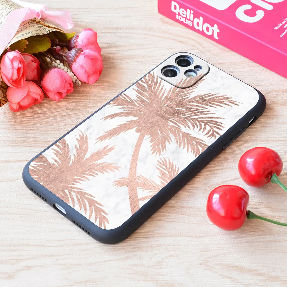 

For iPhone Tropical Simple Rose Gold Palm Trees White Marble Print Soft Matt Apple Case