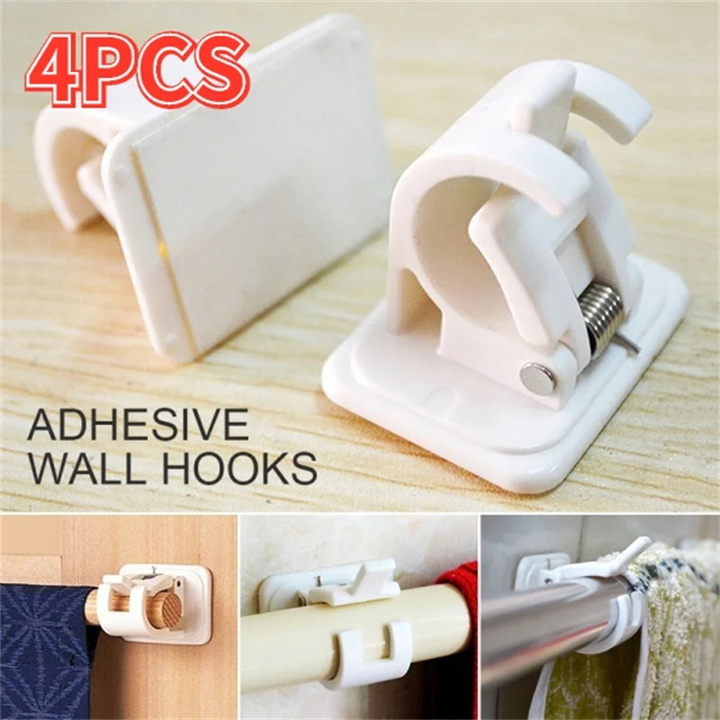 

2/4Pcs White Plastic Self Adhesive Curtain Rods Hanger Crossbar Curtain Clips Wall Hooks