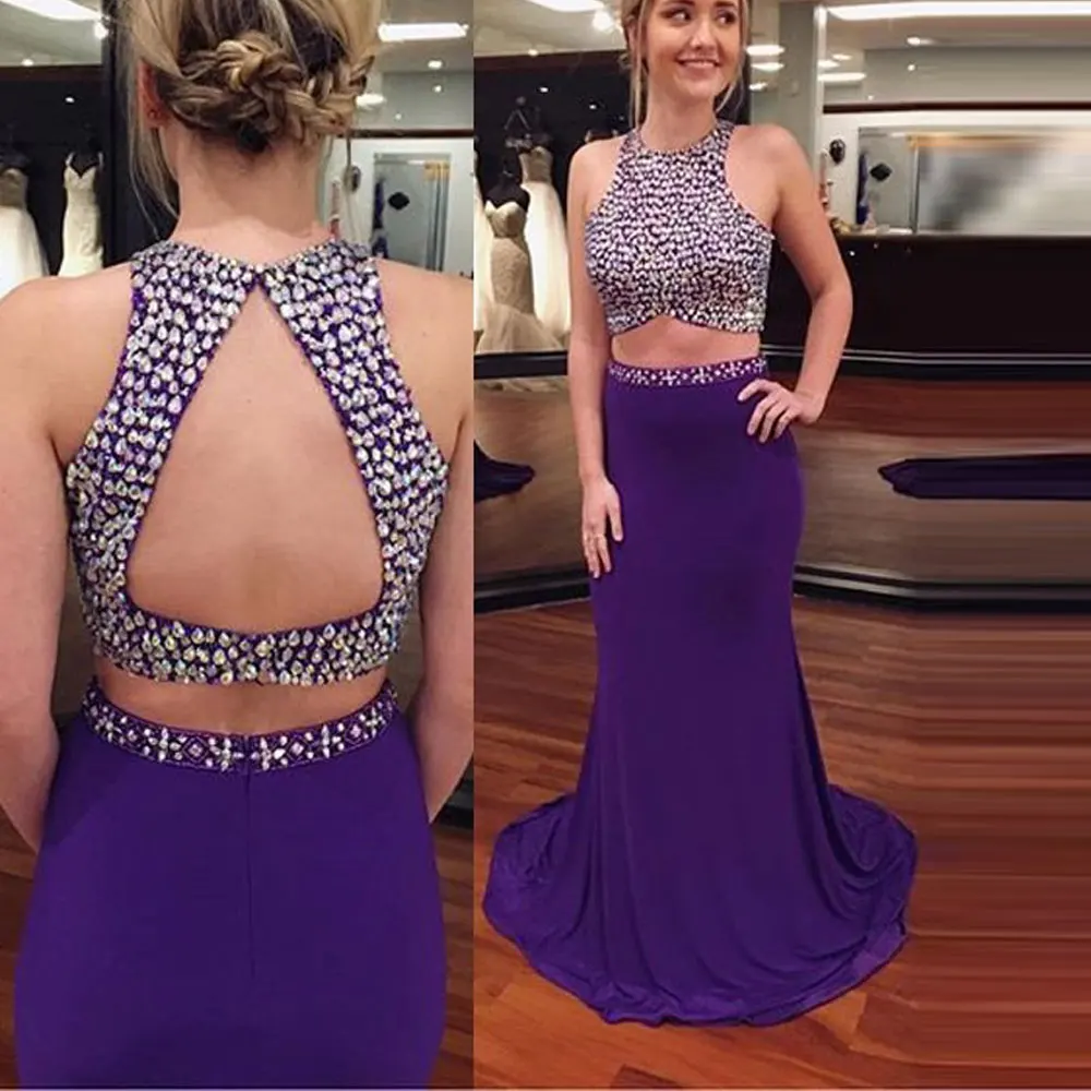 

Фиолетовые Вечерние платья-русалки без рукавов, модные блестящие платья из двух частей для выпускного вечера
