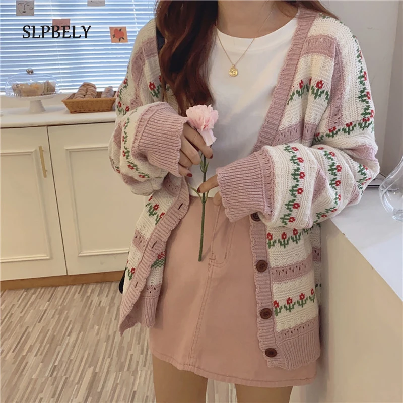 SLPBELY женский кардиган с цветочной вышивкой свитер весна-осень повседневный