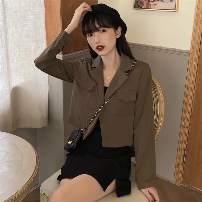 

Women Blazers Short Solid Single Button Temperament All-match Korean Style Ulzzang Harajuku New Casual Notched Womens Suit Fall