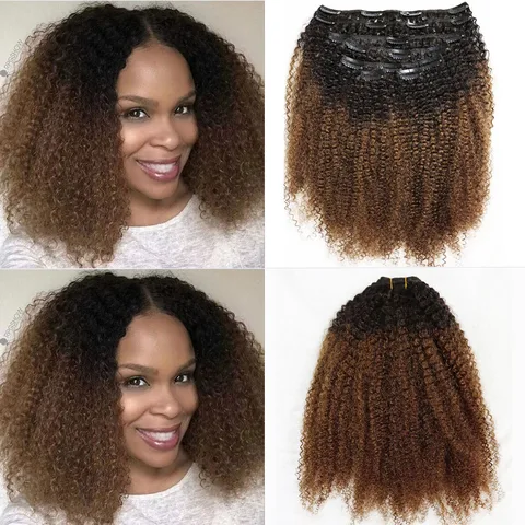 Коричневые заколки для наращивания волос с эффектом омбре, афро вьющиеся человеческие волосы 1B 4, 120 грамм, заколки для натуральных волос для африканских черных женщин, девочек