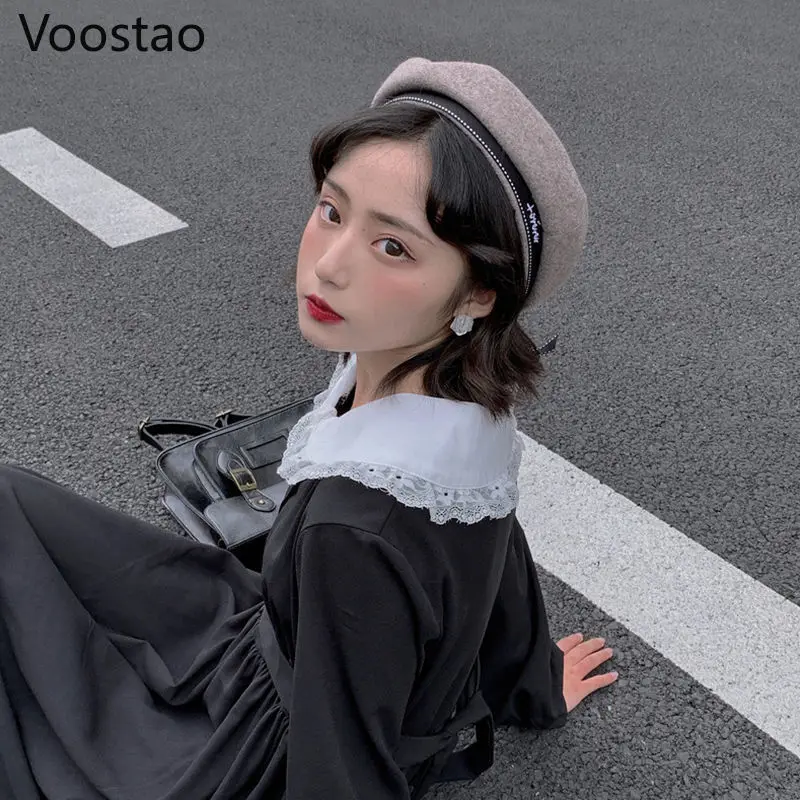 Осеннее женское темное платье модное элегантное в стиле преппи с длинным рукавом