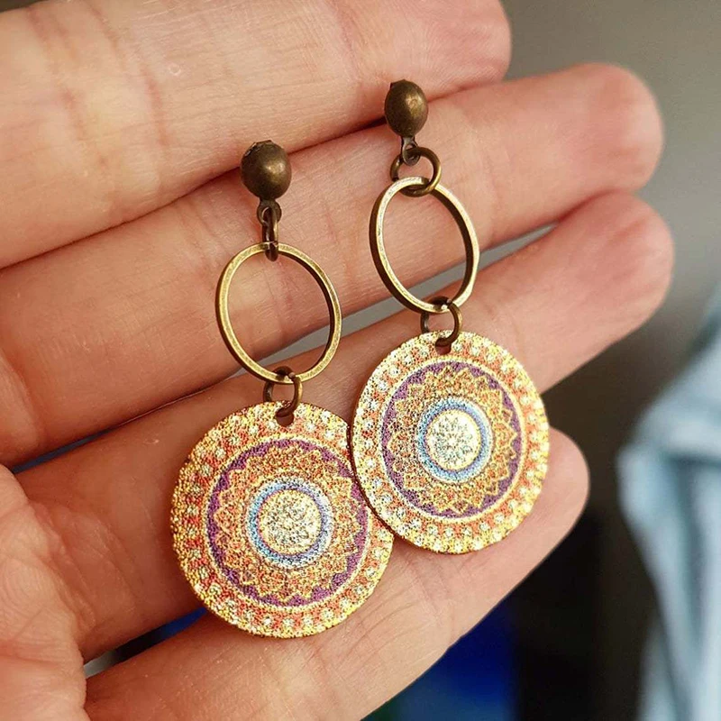 

Ethnic Mandala Earrings Tribal Boho Jewelry, Dangle Copper Drop Bohemian Earrings for Women Meditative Patterns Sacred Cycles
