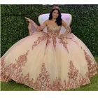 Розовое золото, блестящее бальное платье для выпускного вечера, 2022, современное милое кружевное бальное платье с аппликацией и блестками, Тюлевое винтажное вечернее платье