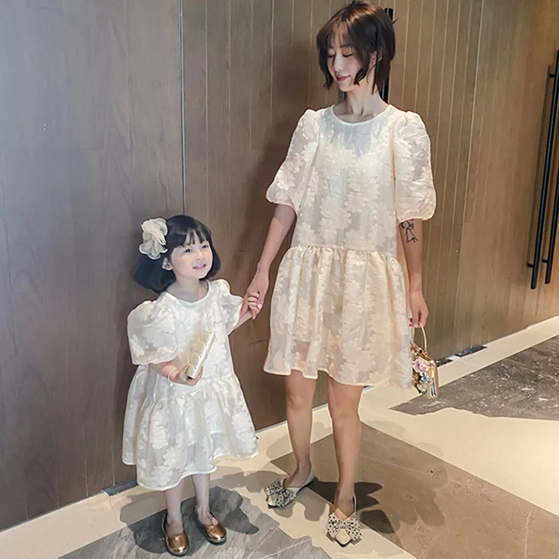 

New 2021 Summer Family Look Mother Daughter Dress Bubble Sleeve Dress Clothes Family Matching Outfits Clothes