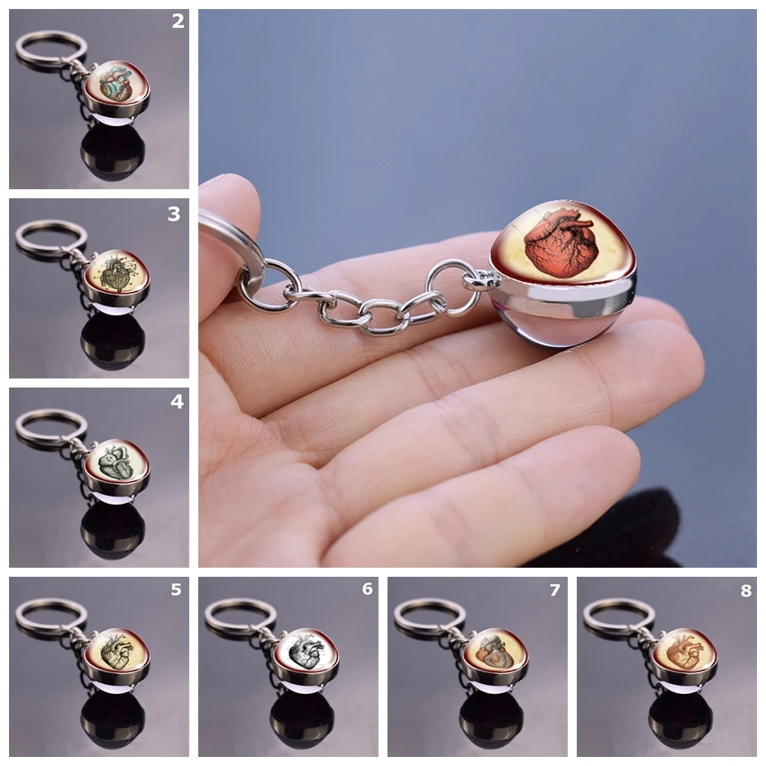 

Heart Organ Pattern Keychain Double-Sided Glass Ball Anatomical Heart Keyring Pendant CarKeychain Accessoy Biologist Doctor Gift