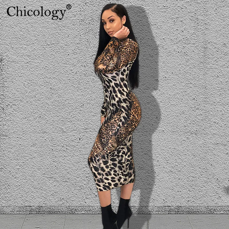 Chicology 2019 леопардовая расцветка длинным рукавом Лонгслив миди платье платья