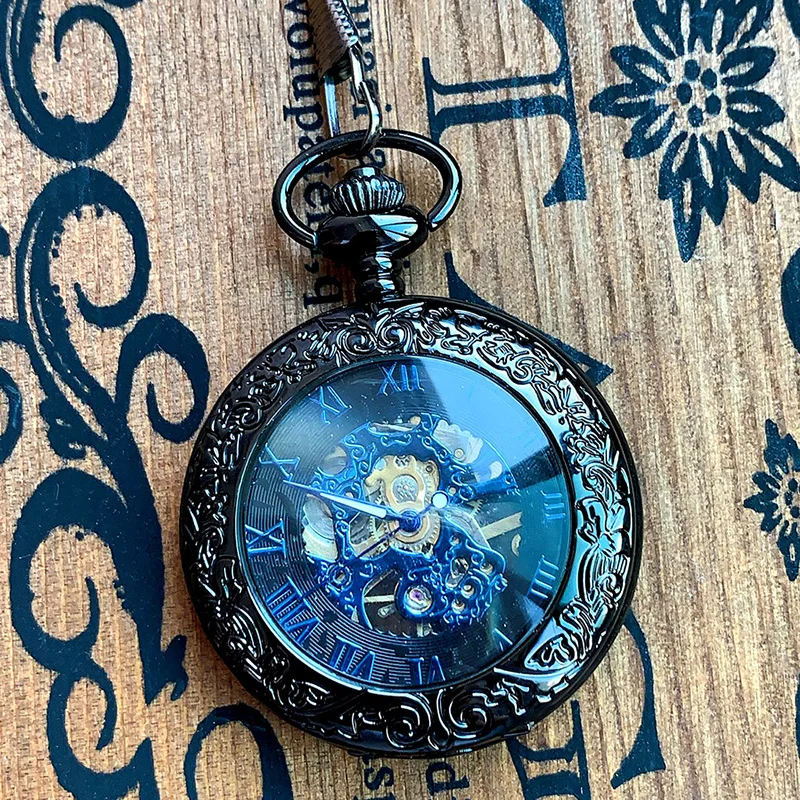 Механические карманные часы креативные с синими римскими цифрами прозрачная