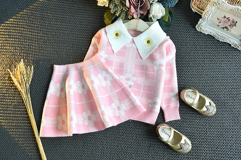 

Mihkalev 2021 Kids Knitting Set Suit For Baby Girl Sweater+Skirt 2Pieces Kids Girls Clothing Sets Children Outfits Sets
