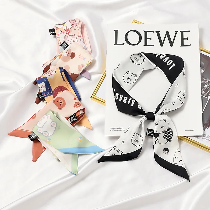 

2021 New Cute Cartoon Animals Printing Silk Scarf Finish Ins Style Elegant Double-sides Women Polyester Bag Scarf Hair Tie Wrap