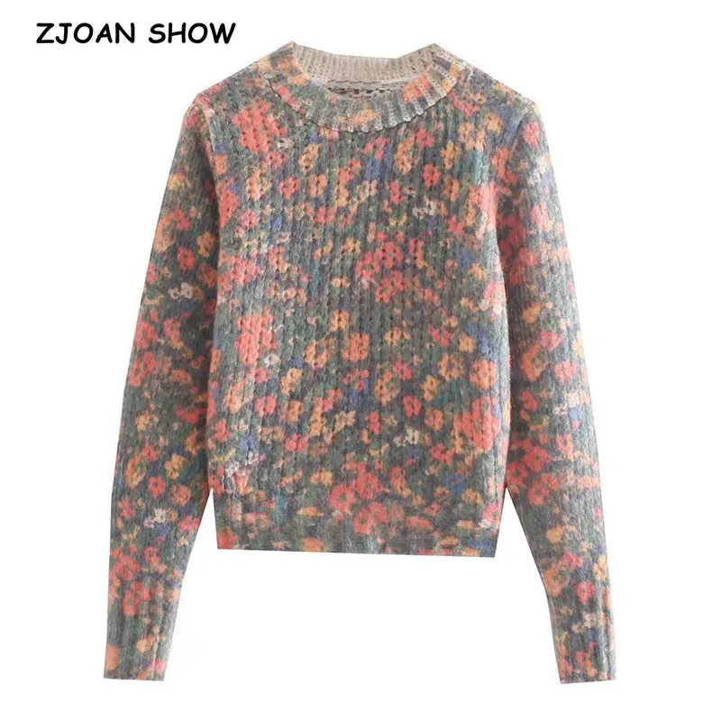 

2021 Vintage Tie dye Flower Pattern Knitted Pullover Sweater Women Round Collar Short Jumper Long sleevev Knitwear Mujer