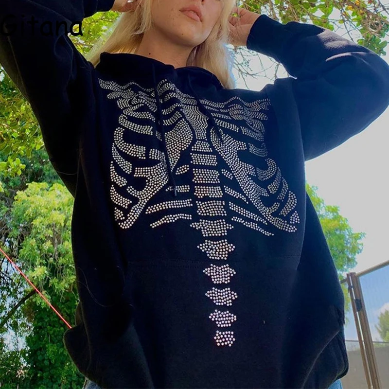 

Gitana 2021 Autumn Skeleton Diamond Print Black Oversized Hoodies Women Harajuku Hooded Sweatshirts Long Sleeve Pullovers