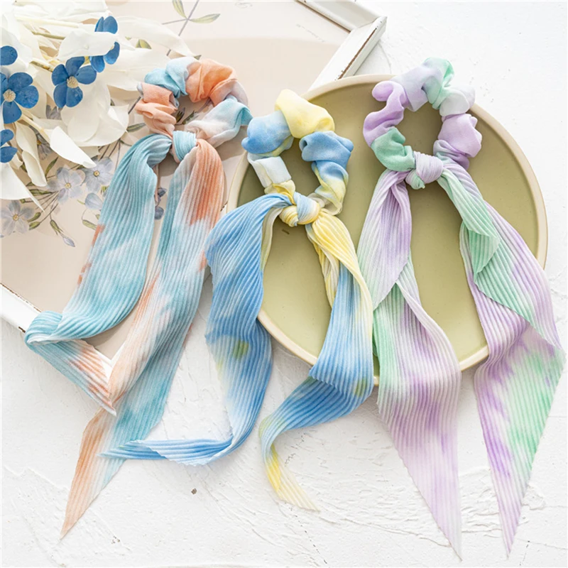

2021 New Fashion Tie-Dye Bow Hair Scrunchies Pleated Women Hair Ties Rope Rubber Bands Ponytail Holder Hair Accessories