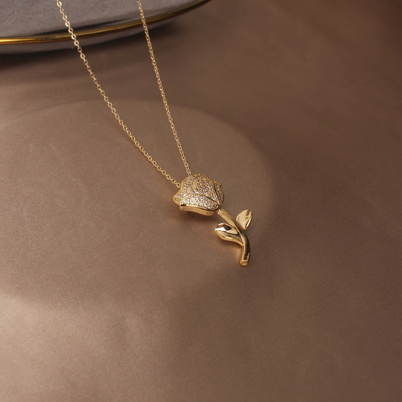 Блестящая сторона новые аксессуары циркониевая Роза цепи ожерелья и подвески