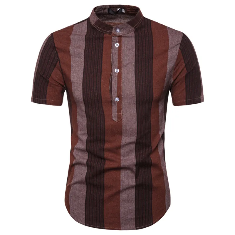 Coffee Shirts Мужская рубашка с коротким рукавом, Модный Полосатый винтажный черный пуловер со стоячим воротником, Летние повседневные льняные рубашки размера плюс, мужская одежда - Цвет: Coffee Shirts