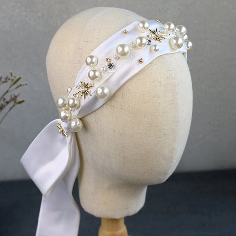 

Wedding Bridal White Satin Headband Romantic Pearl Beading Jewelry Hair Hoop Long Ribbon Vintage Church Party Headdress