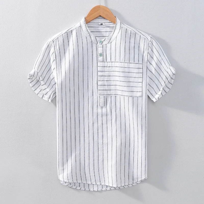 

Striped Short Sleeve Shirt for Men Summer New Cotton Linen Casual Tops Male Fashion Stand Collar Pullover Clothing