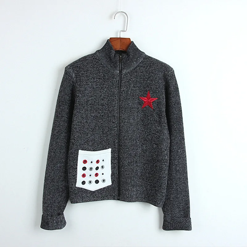 Женский кардиган на молнии Кардиган с длинным рукавом и карманами звезды высоким