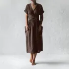 Платье женское хлопково-льняное в винтажном стиле, повседневный Однотонный сарафан с V-образным вырезом и коротким рукавом, многослойная одежда с запахом, с карманами и разрезом на подоле, Халат
