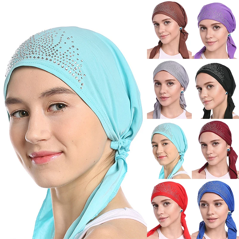 

New Turban Hat Women Hot Drilling Headscarf Bonnet Femme Musulman Inner Caps Muslim Wrap Head Scarf Turbante Indian Beanie Cap