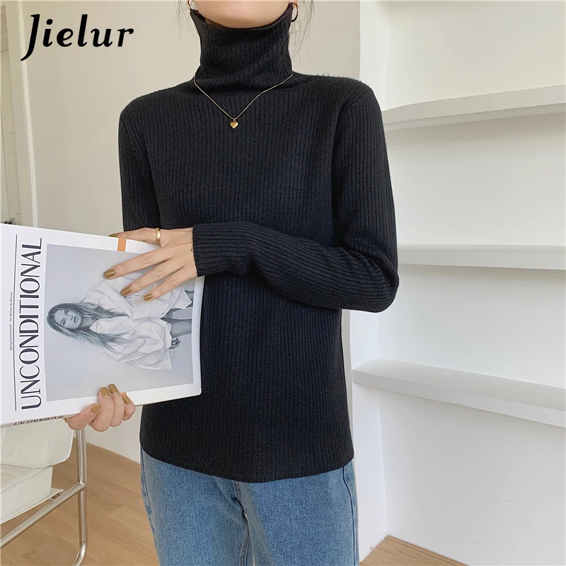 Jielur Свитер женский с высоким воротником флисовый вязаный облегающий пуловер