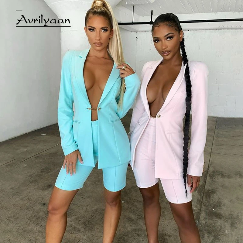 Синий Повседневный официальный костюм Avrilyaan из двух предметов короткий осенний