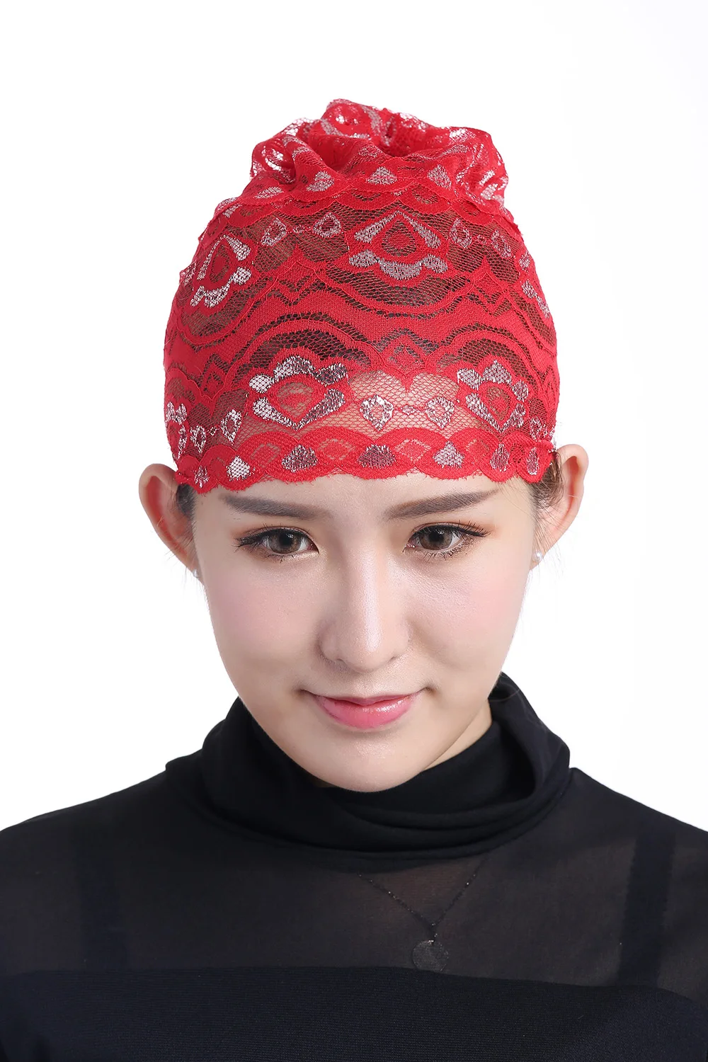

Womens Muslim Mini Jersey Hijab Scarf Shiny lace with flower Inner Cap Tube Cap