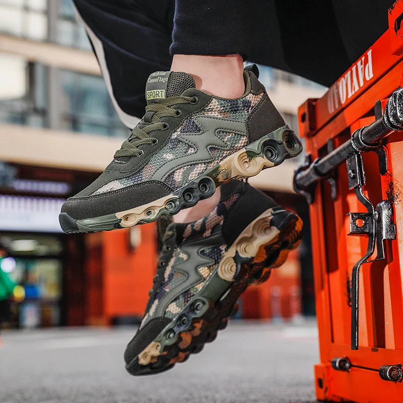 

Новинка, Спортивная повседневная обувь, уличные походные туфли, Военная Зеленая камуфляжная холщовая бархатная кожаная обувь, дышащая сетч...