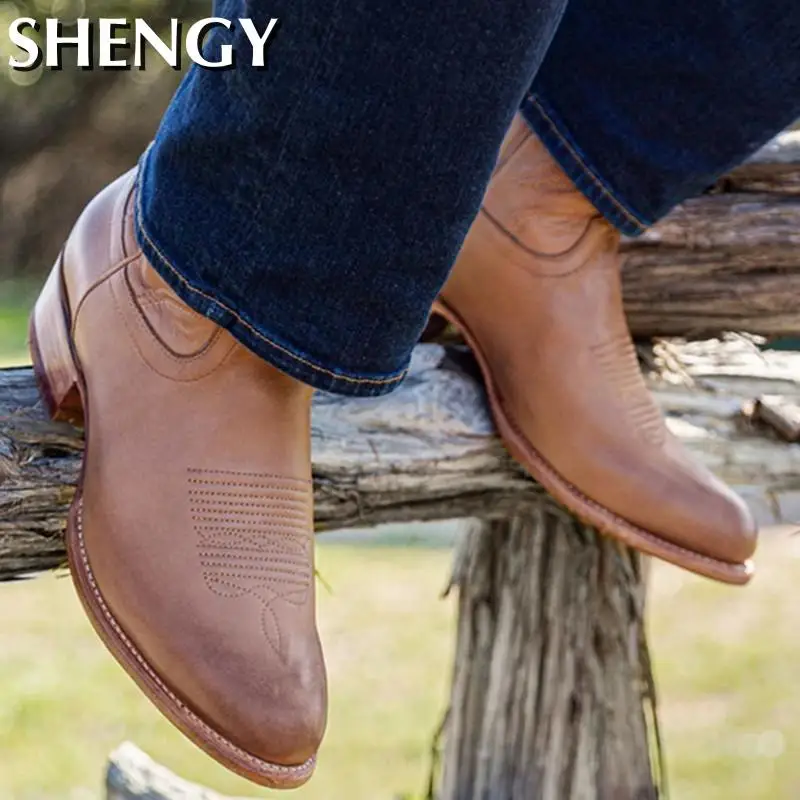 Мужские ковбойские ботинки в западном стиле зимние модные из искусственной кожи