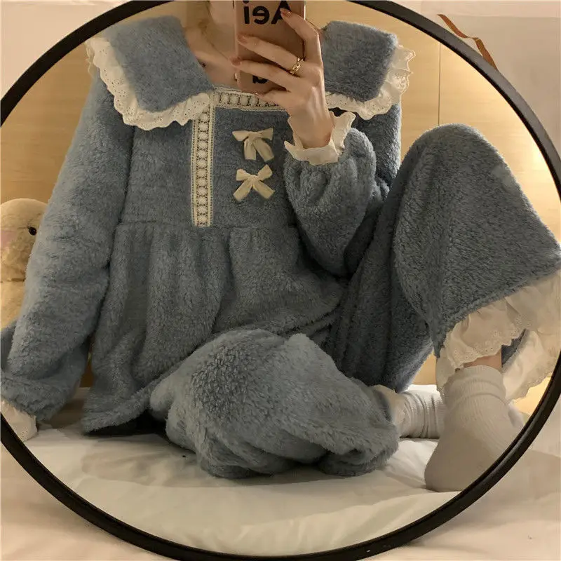 New Style Pajamas Women's Autumn and Winter Coral Plush Thickened Plush Lovely Warm Flannel Home Suit   Pajamas for Teen Girls