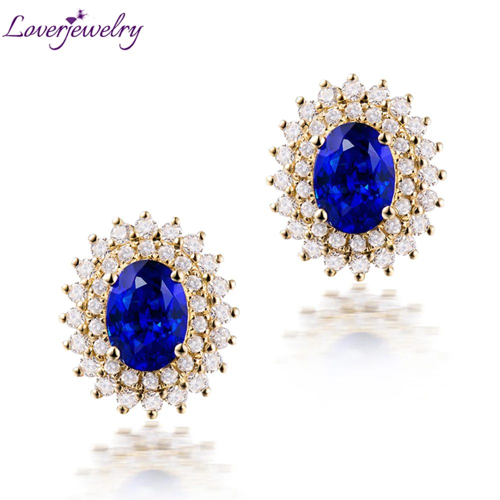 

LOVERJEWELRY Studs Earrings Sapphire Lady Jewelry Real 18KT Yellow Gold SI Genuine Diamonds Natural Blue Sapphire Women Earrings