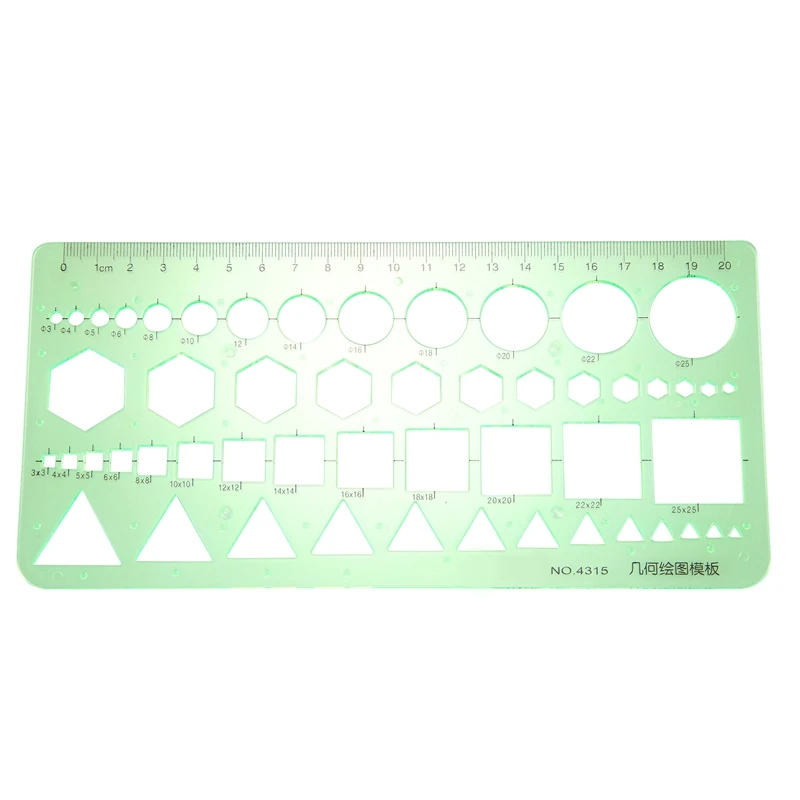 

Green Plastic Circles Squares Hexagons Geometric Template Ruler 0-20cm