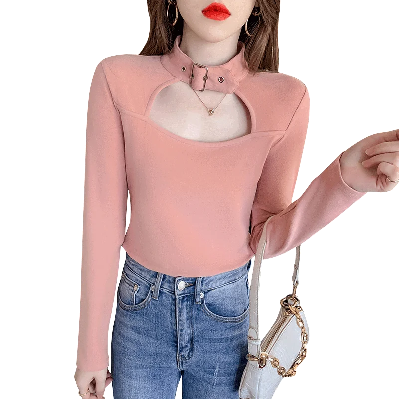 

2021 New Style Hanging Neck Bottom Coat Female Hollow Out High Collar Slim Tight Korean Version Retro Spring Temperament Sexy