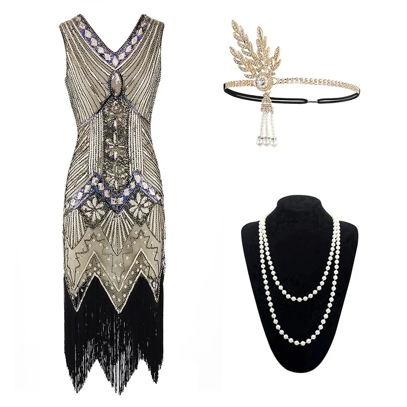Apricot set Винтажное женское платье 1920s Gastby со сплошным расшитым блестками Сетчатое платье в стиле модерн украшенное бахромой платье размера плюс черный/зеленый/белый/золотой - Цвет: Apricot set
