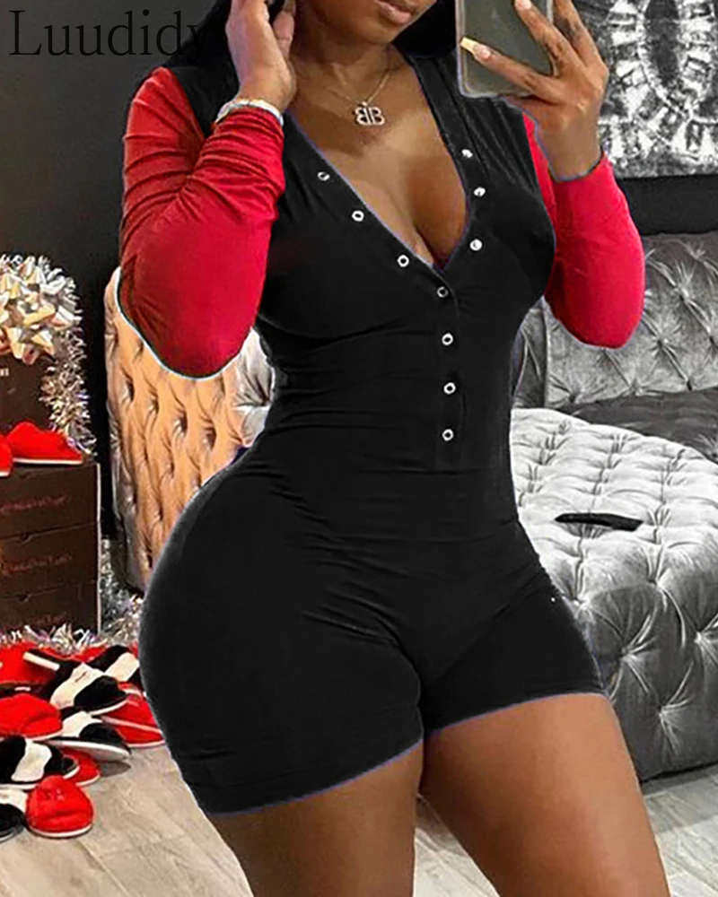 

Women Sexy Colorblock Button Design Long Sleeve Romper Trim Button Front Femme Streewear Outfits Bodysuit