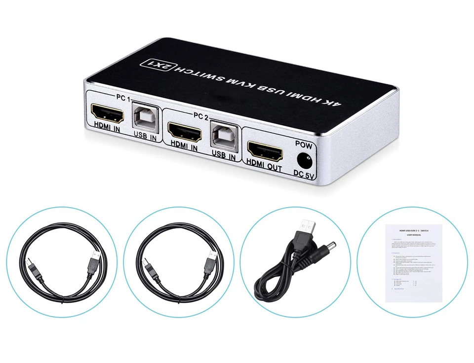 4K 60 Гц KVM переключатель HDMI 2 порта HDMI KVM переключатель USB ПК компьютер KVM переключатель клавиатура мышь переключатель коробка для ноутбука, PS4, Xbox