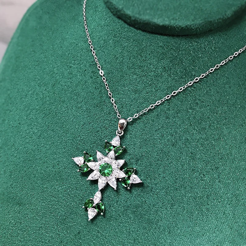 Luxury 100% S925 Sterling Silver Cross Green High Carbon Diamond Necklaces For Women Wedding Party Fine Jewelry Gifts 40+5cm