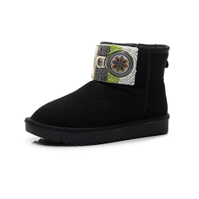2020 Warm Women Snow Boots Fashion Beaded Ankle Woman Genuine Leather 100% Natural Wool Winter | Обувь