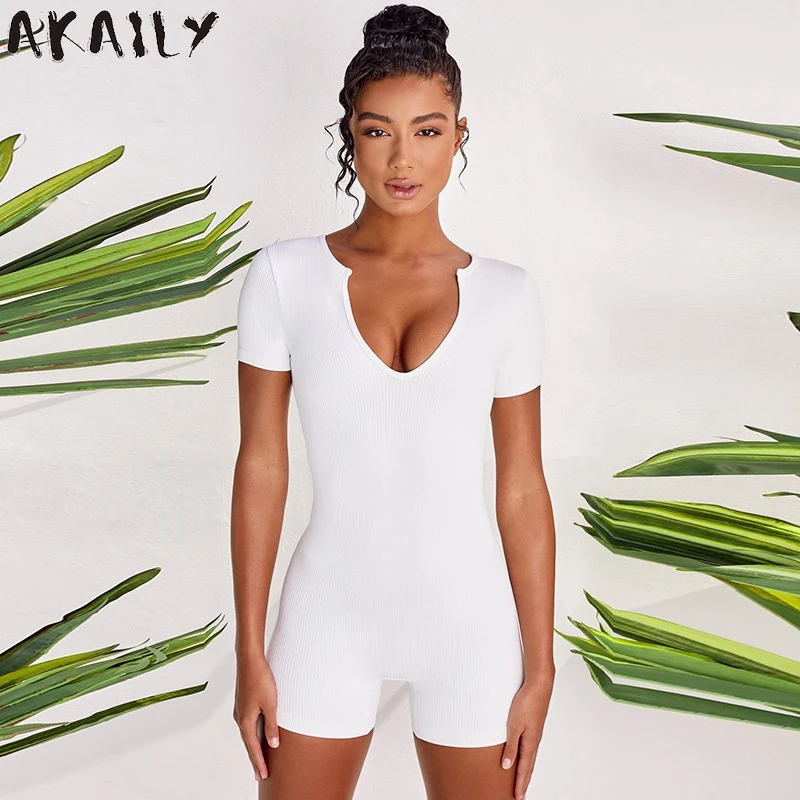 

Akaily Streetwear White Slim V Neck Rompers Summer Womens Short Jumpsuit Solid Short Sleeve Bodycon Zipper Female Playsuit 2021