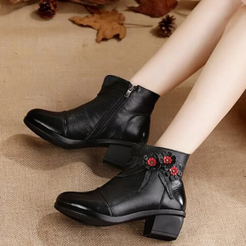 

TIMETANG Genuine Leather boots autumn winter ethnic style handmade women's soft bottom printing leather side zipper short mother