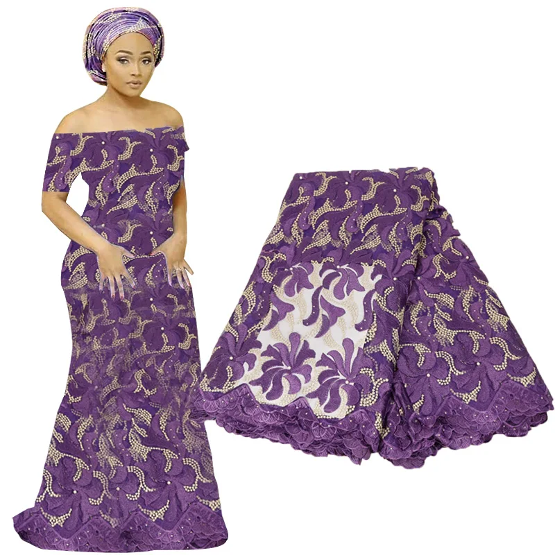 Последняя французская вышитая бисером зеленая кружевная ткань гипюр