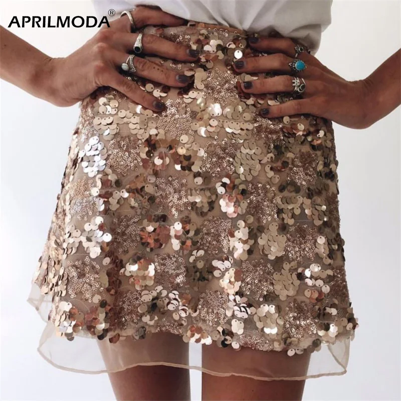 2019 Siliver сетчатые мини юбки с золотыми блестками блестящая Женская рождественская