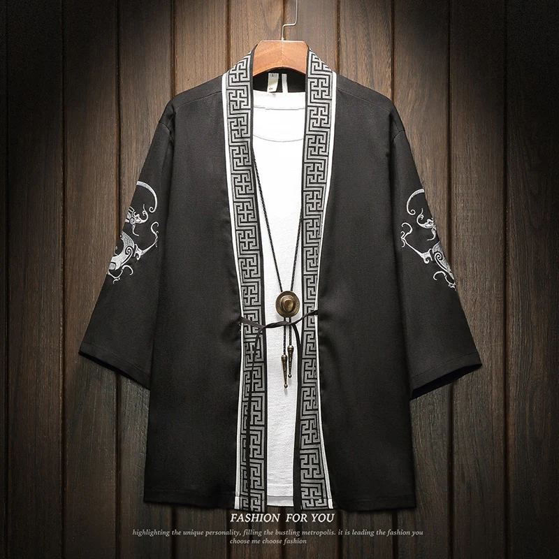 Bianco nero stile cinese drago ricamato Cardigan aria condizionata Costume orientale Mens Kimono giapponese giacche tunica Zen