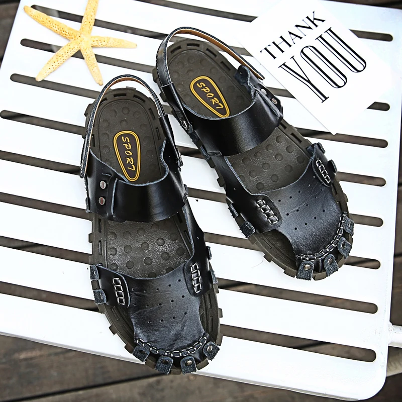 Мужские сандалии из натуральной кожи пляжные повседневные Нескользящие