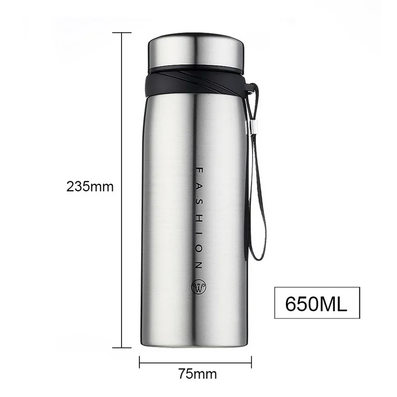 650ml Silver Большая емкость термос бутылка из нержавеющей стали стакан с герметизацией бутылка для воды портативная вакуумная колба для кофе кружка дорожная чашка - Цвет: 650ml Silver